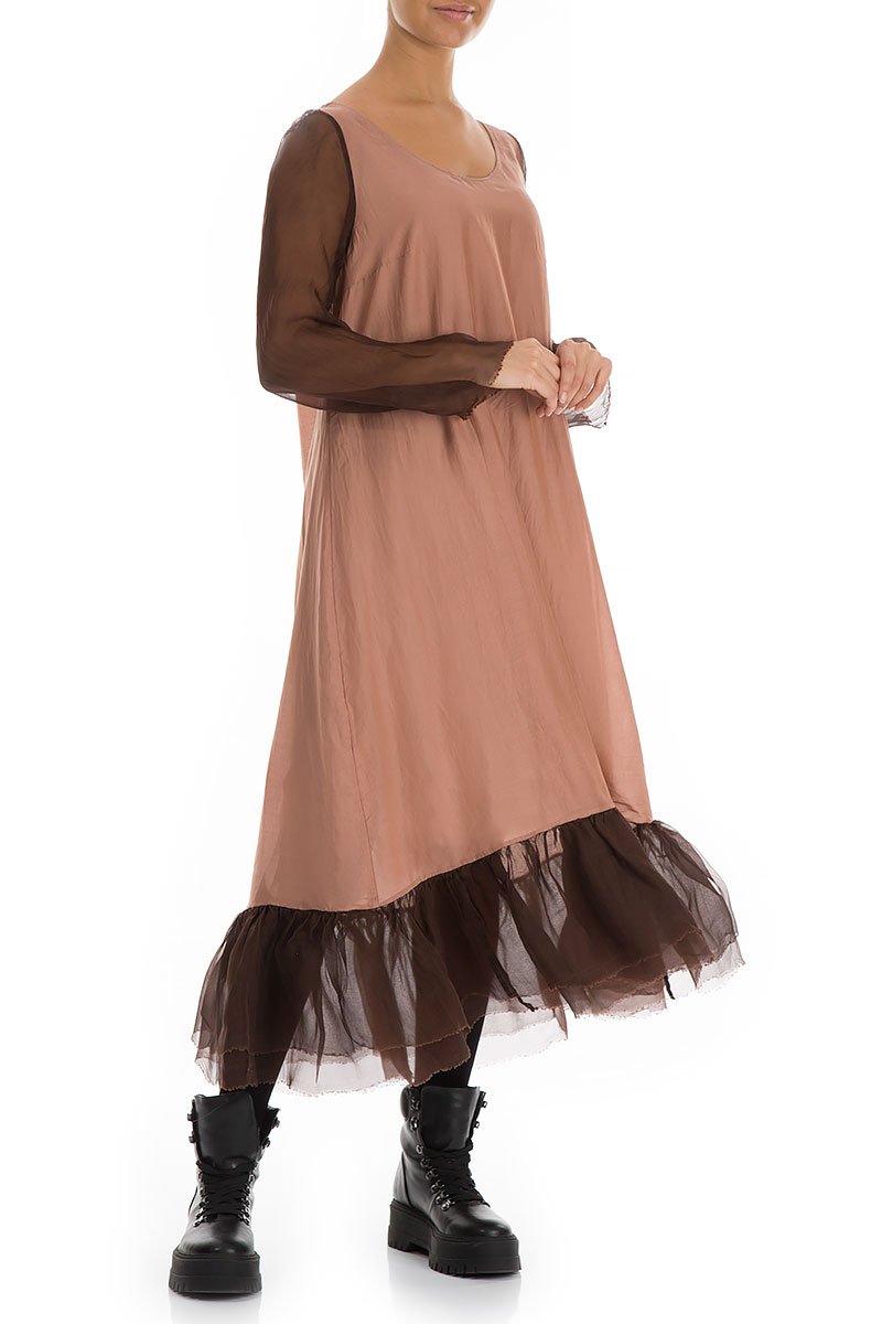 Frilled Cinnamon Pure Silk Dress