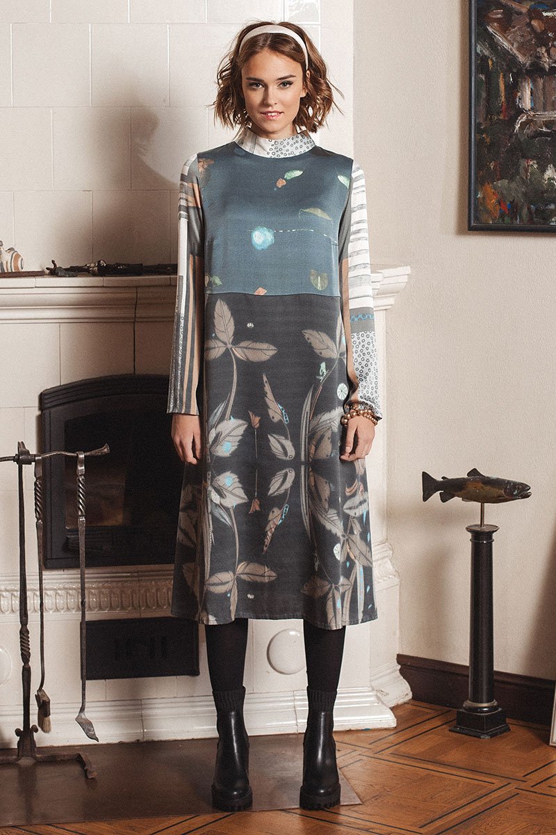 High Neck Mixed Prints Pure Silk Dress