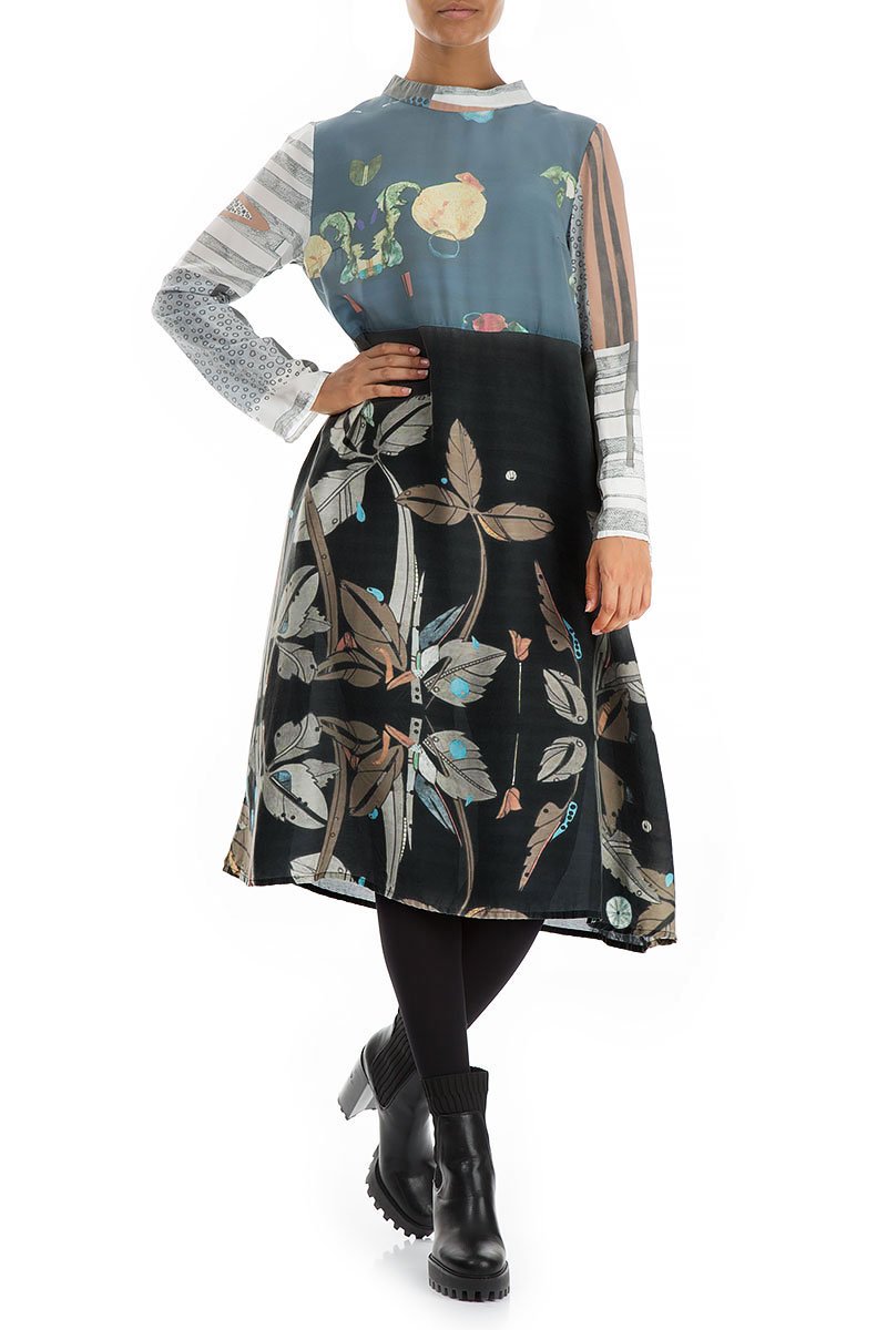 High Neck Mixed Prints Pure Silk Dress
