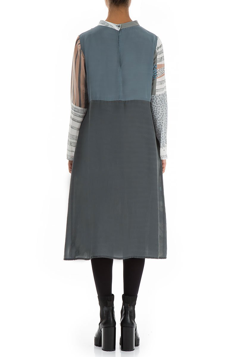 High Neck Mixed Prints Pure Silk Dress