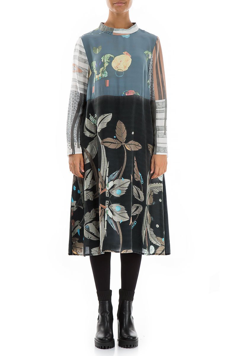 High Neck Mixed Prints Pure Silk Dress