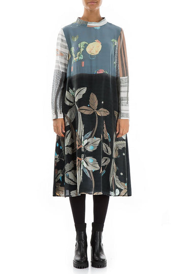 High Neck Mixed Prints Pure Silk Dress