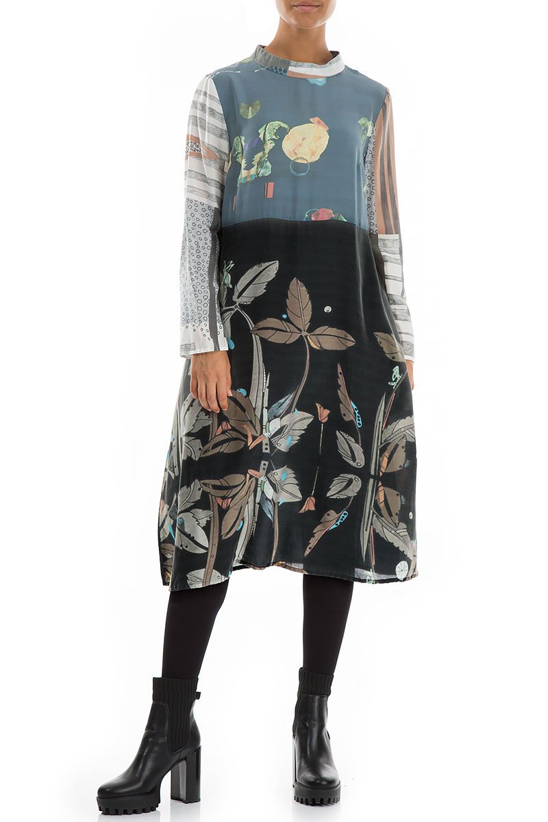 High Neck Mixed Prints Pure Silk Dress