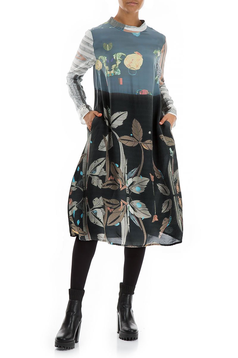 High Neck Mixed Prints Pure Silk Dress