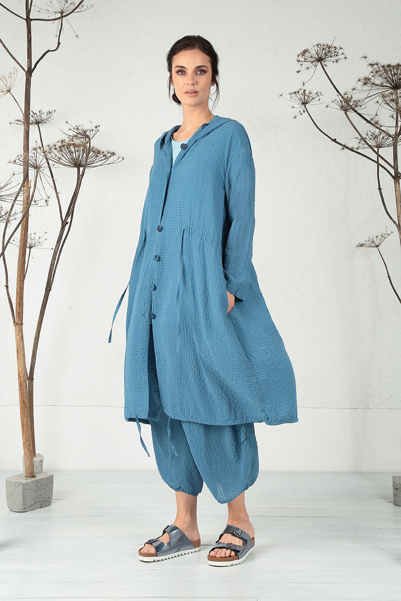 Hooded Atlantic Blue Textured Silk Jacket