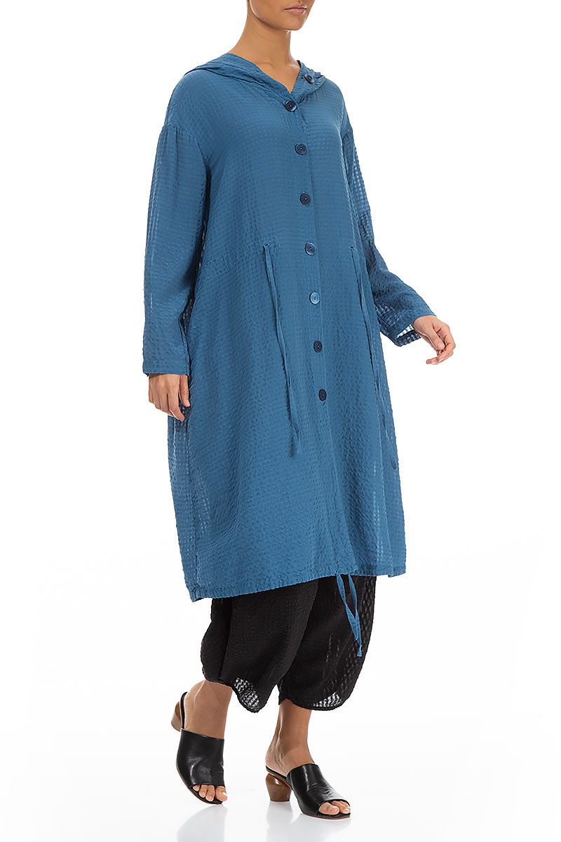 Hooded Atlantic Blue Textured Silk Jacket
