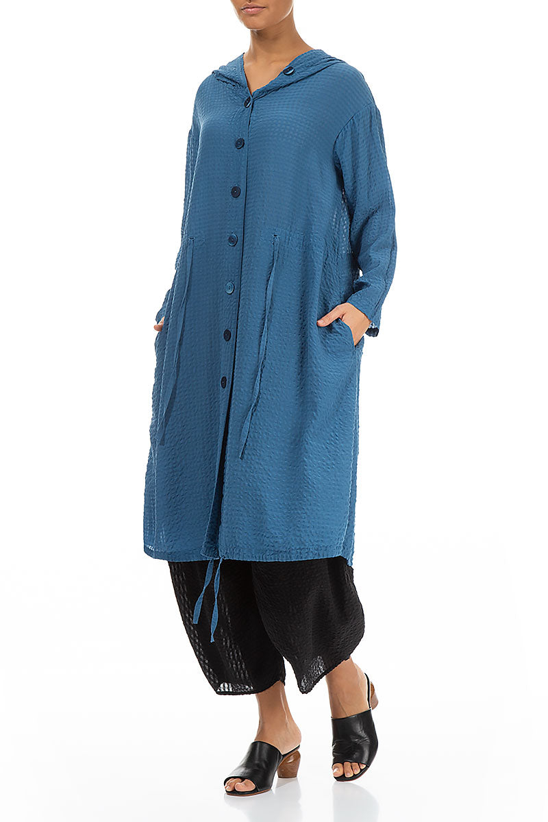Hooded Atlantic Blue Textured Silk Jacket
