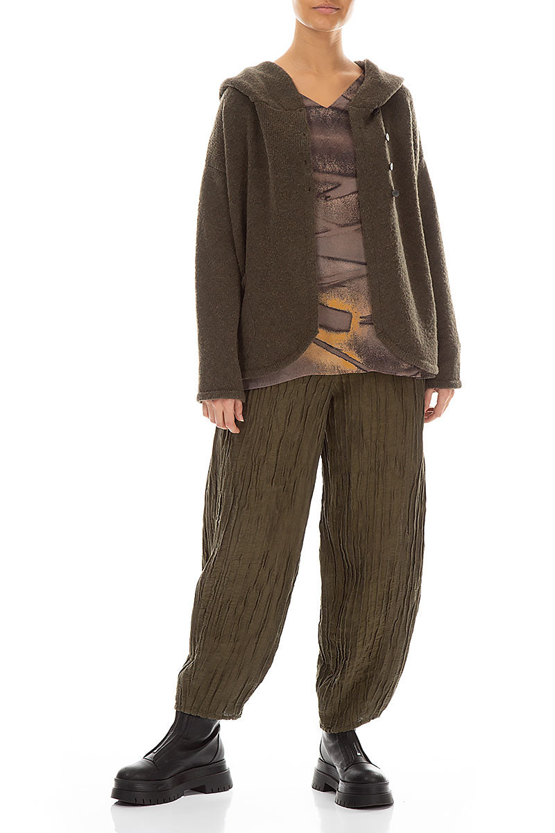 Hooded Khaki Wool Cardigan