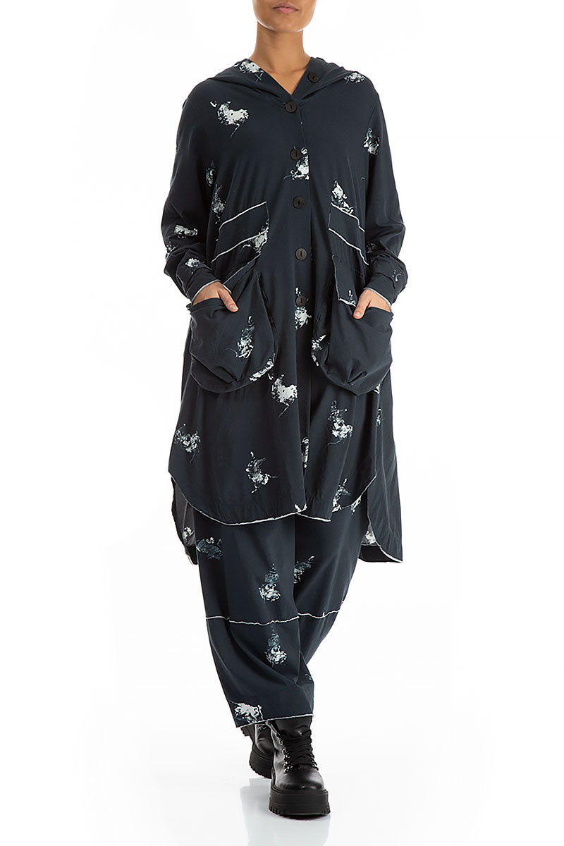 Hooded Oversized Abstract Print Cotton Jacket-Coat