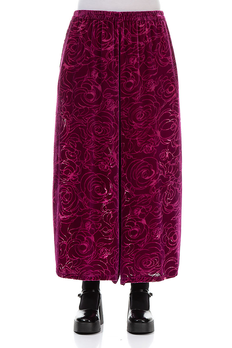 Wide  Devoré Roses Royal Fuchsia Silk Velvet Trousers