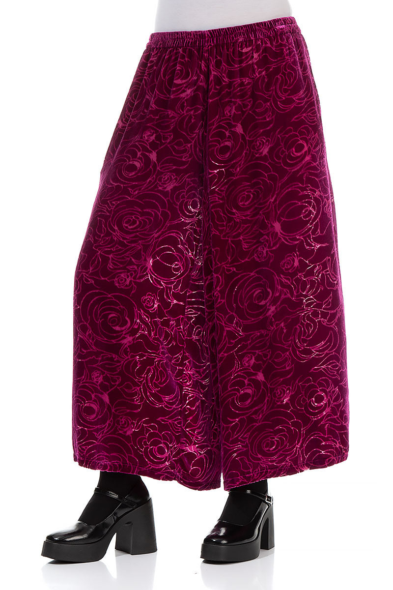 Wide  Devoré Roses Royal Fuchsia Silk Velvet Trousers