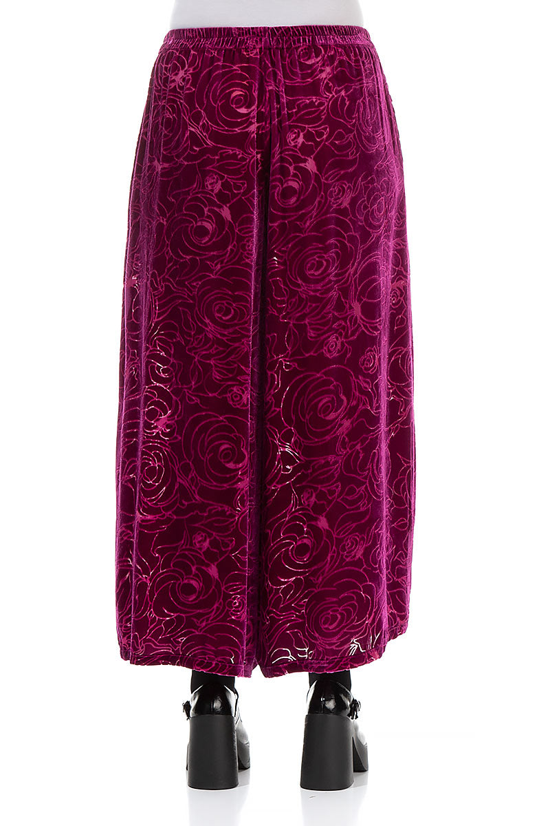 Wide  Devoré Roses Royal Fuchsia Silk Velvet Trousers