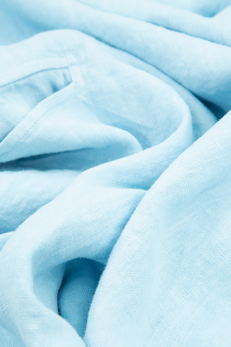 Decorated Boxy Baby Blue Linen Blouse