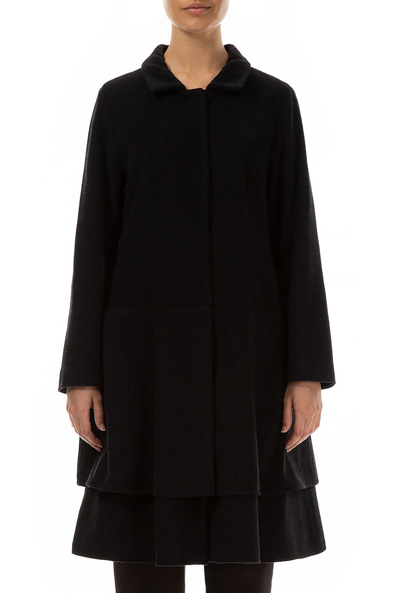 Layered Hem Black Wool Coat