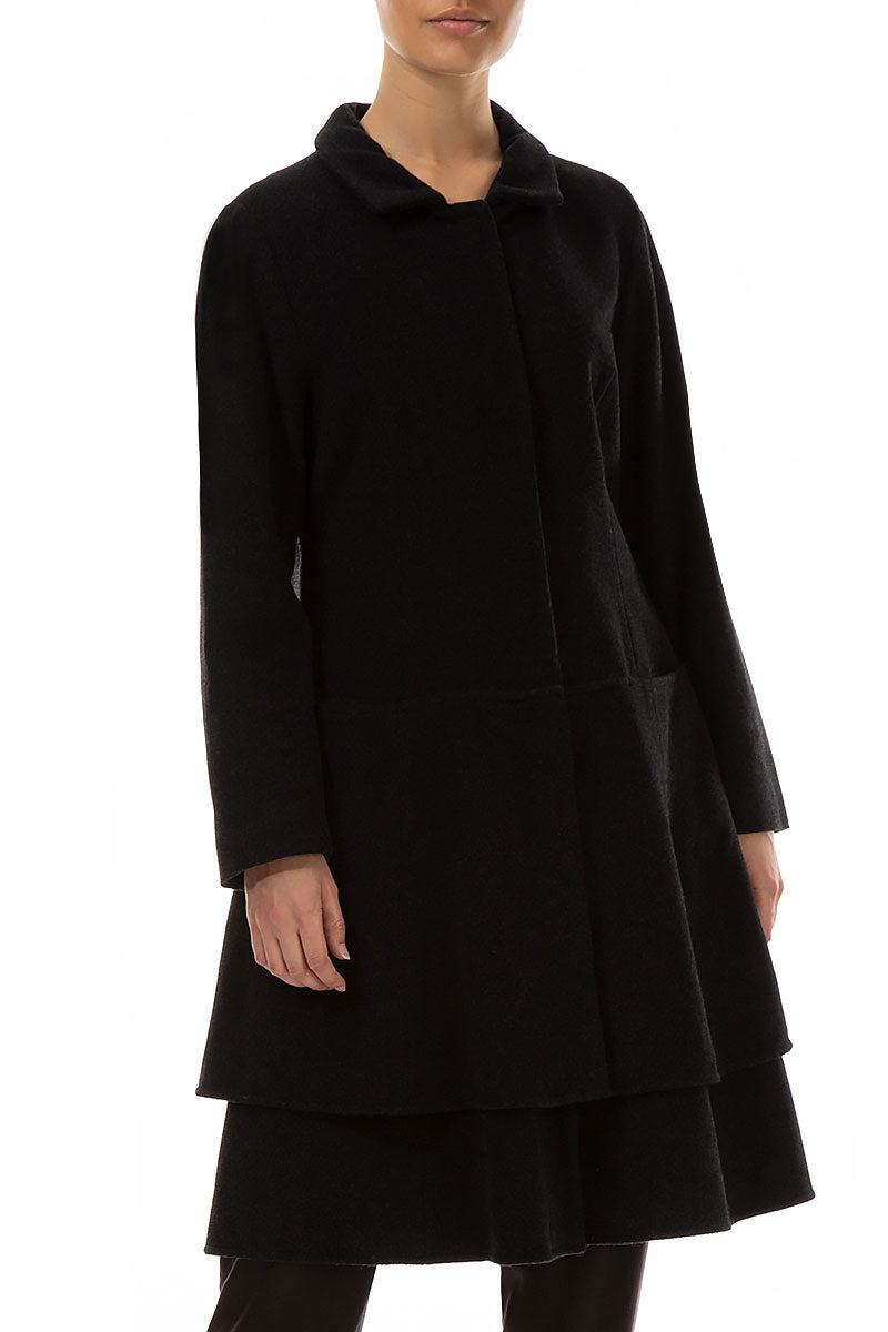 Layered Hem Black Wool Coat