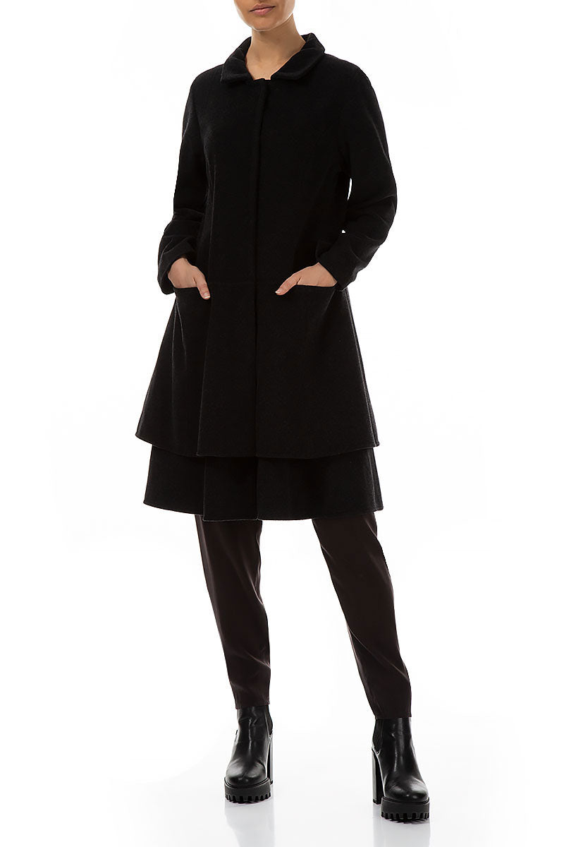 Layered Hem Black Wool Coat