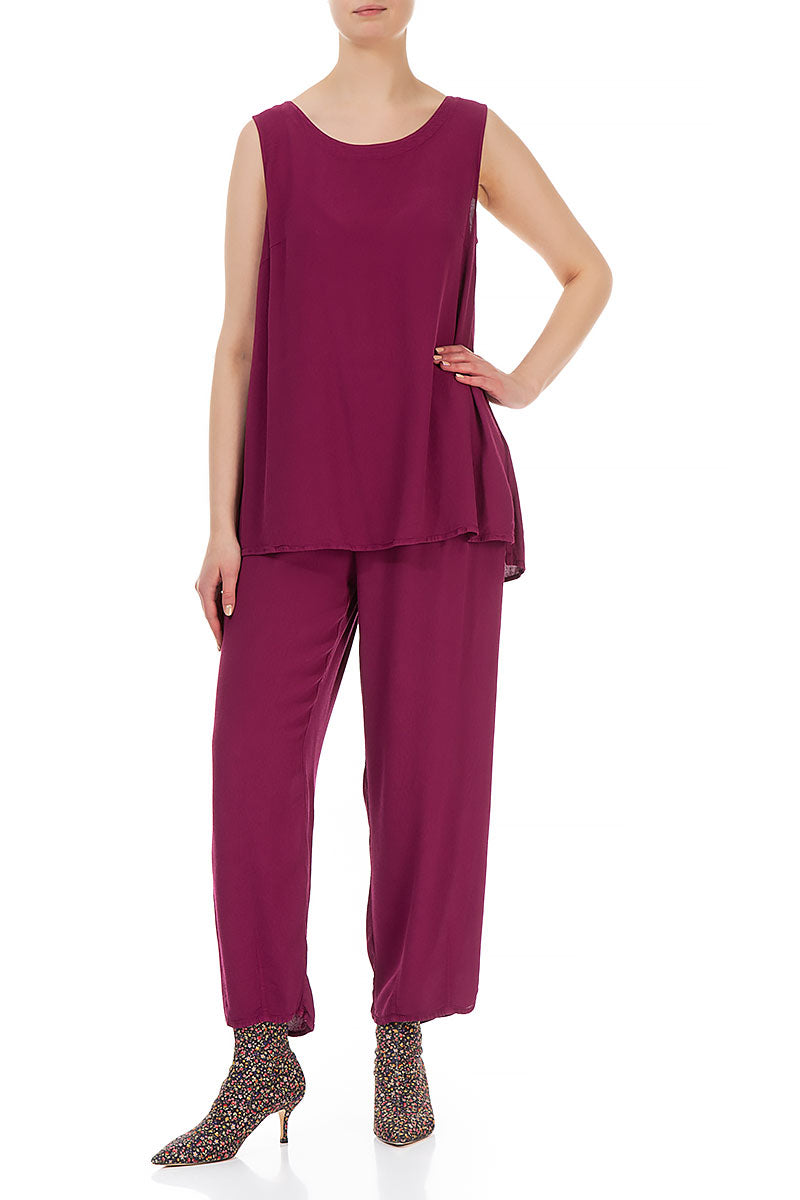 Long Tapered Claret Viscose Trousers