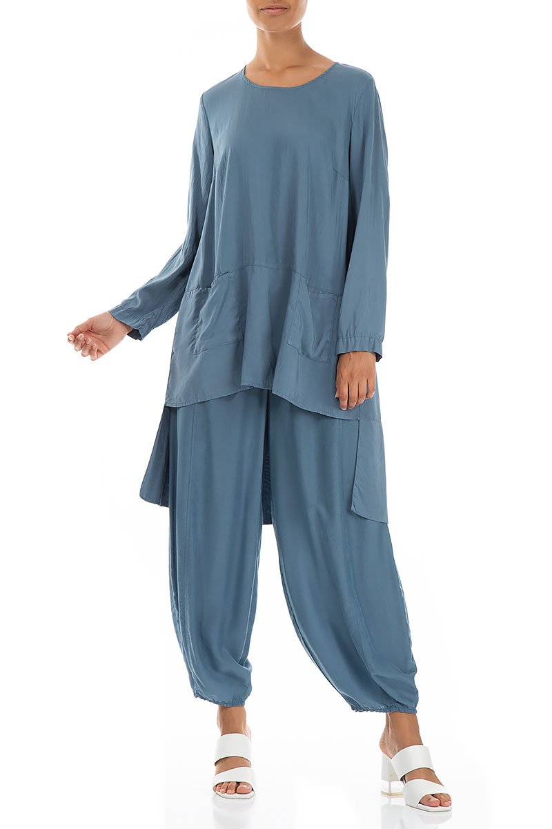 Longer Back Steel Blue Silk Bamboo Tunic