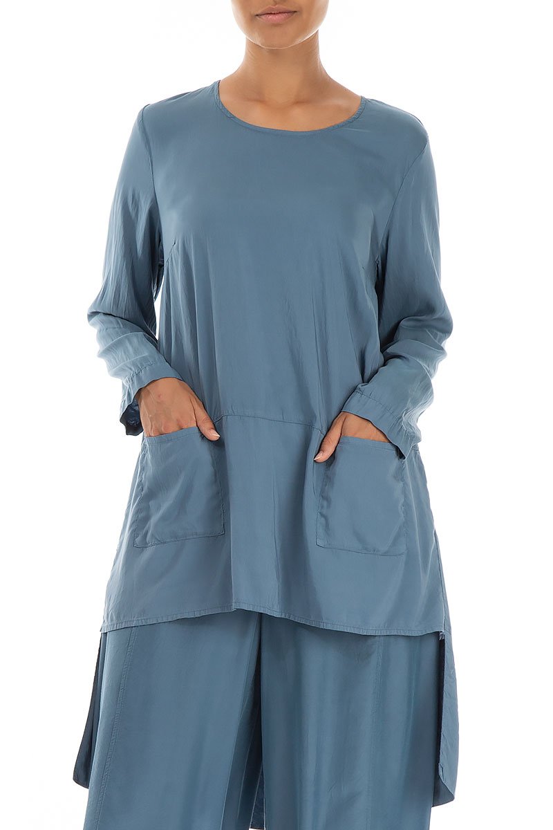 Longer Back Steel Blue Silk Bamboo Tunic