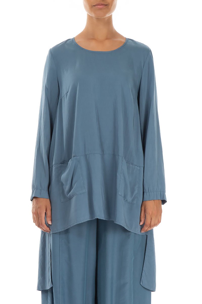 Longer Back Steel Blue Silk Bamboo Tunic