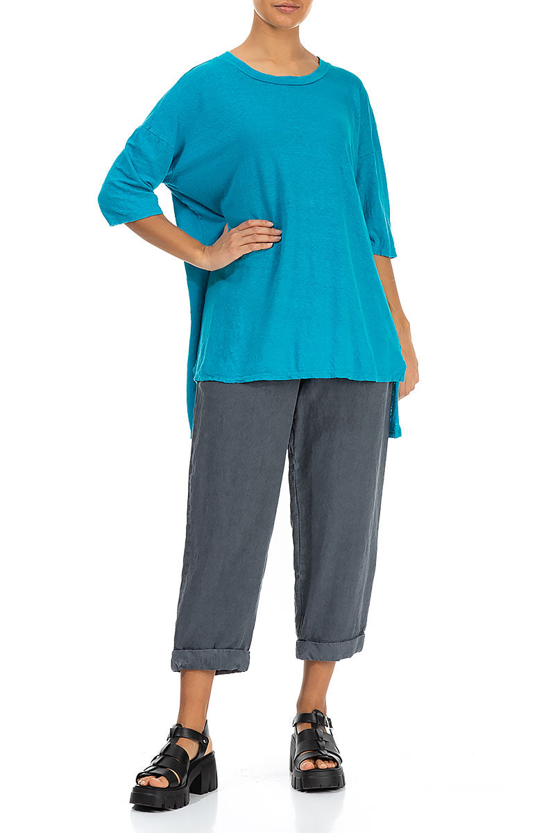 Longer Back Turquoise Linen Tunic