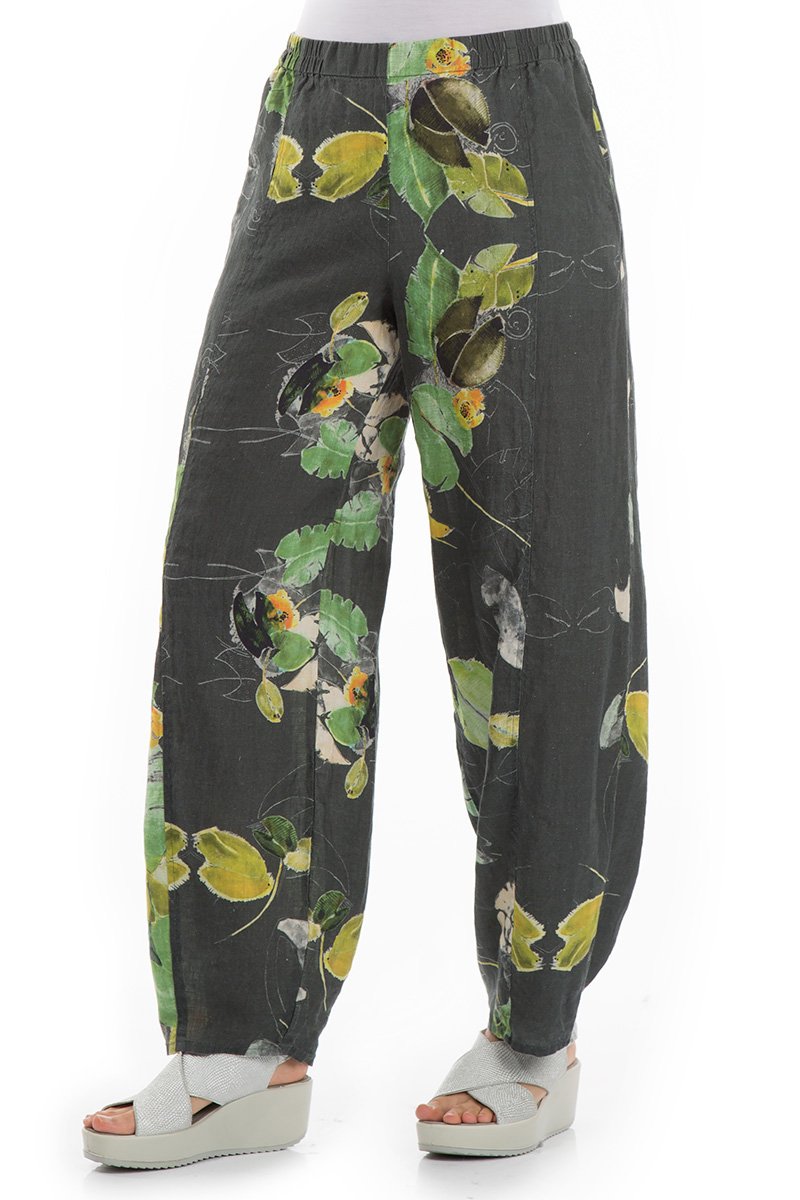 Loose Waterlilies Print Linen Trousers - GRIZAS | Natural Contemporary Womenswear