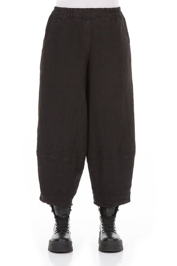 Loose Black Patterned Linen Trousers