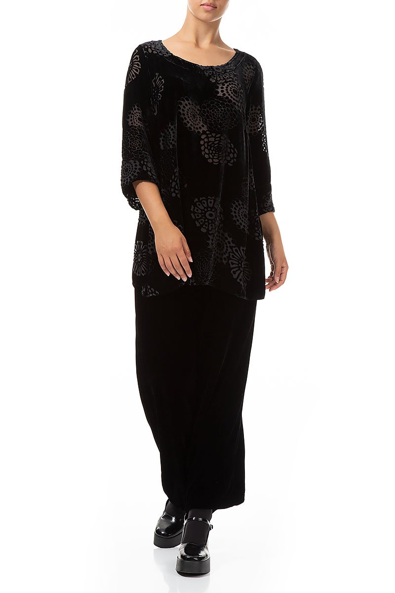 Loose Flowers Black Silk Velvet Tunic