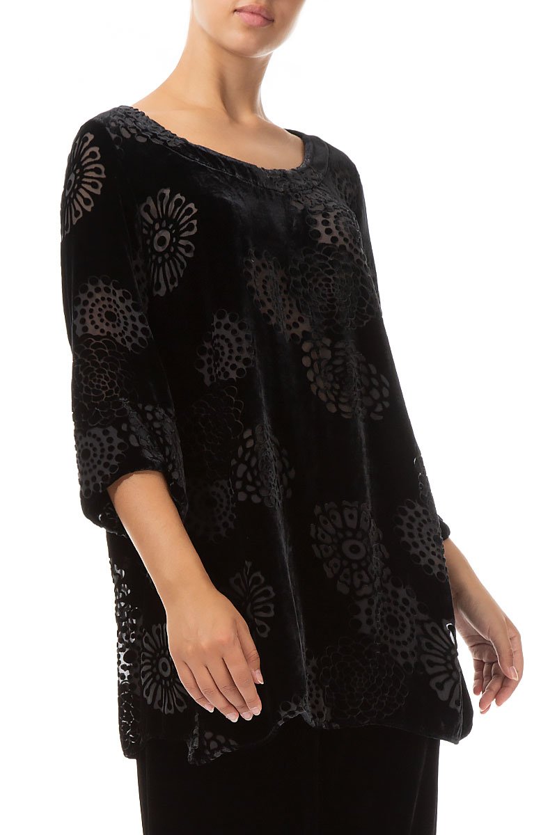 Loose Flowers Black Silk Velvet Tunic