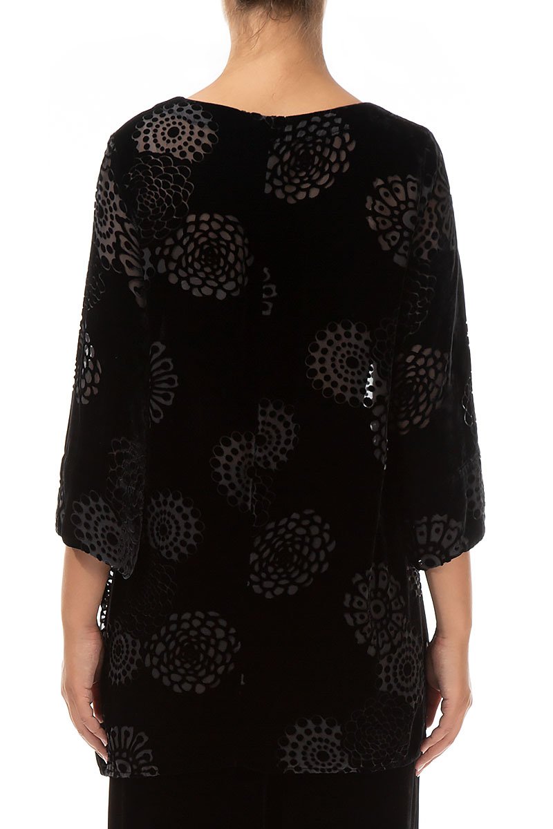 Loose Flowers Black Silk Velvet Tunic