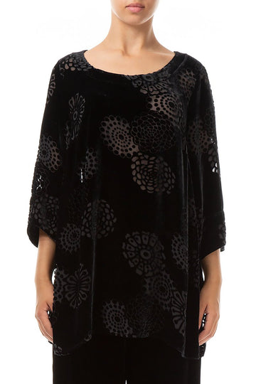 Loose Flowers Black Silk Velvet Tunic