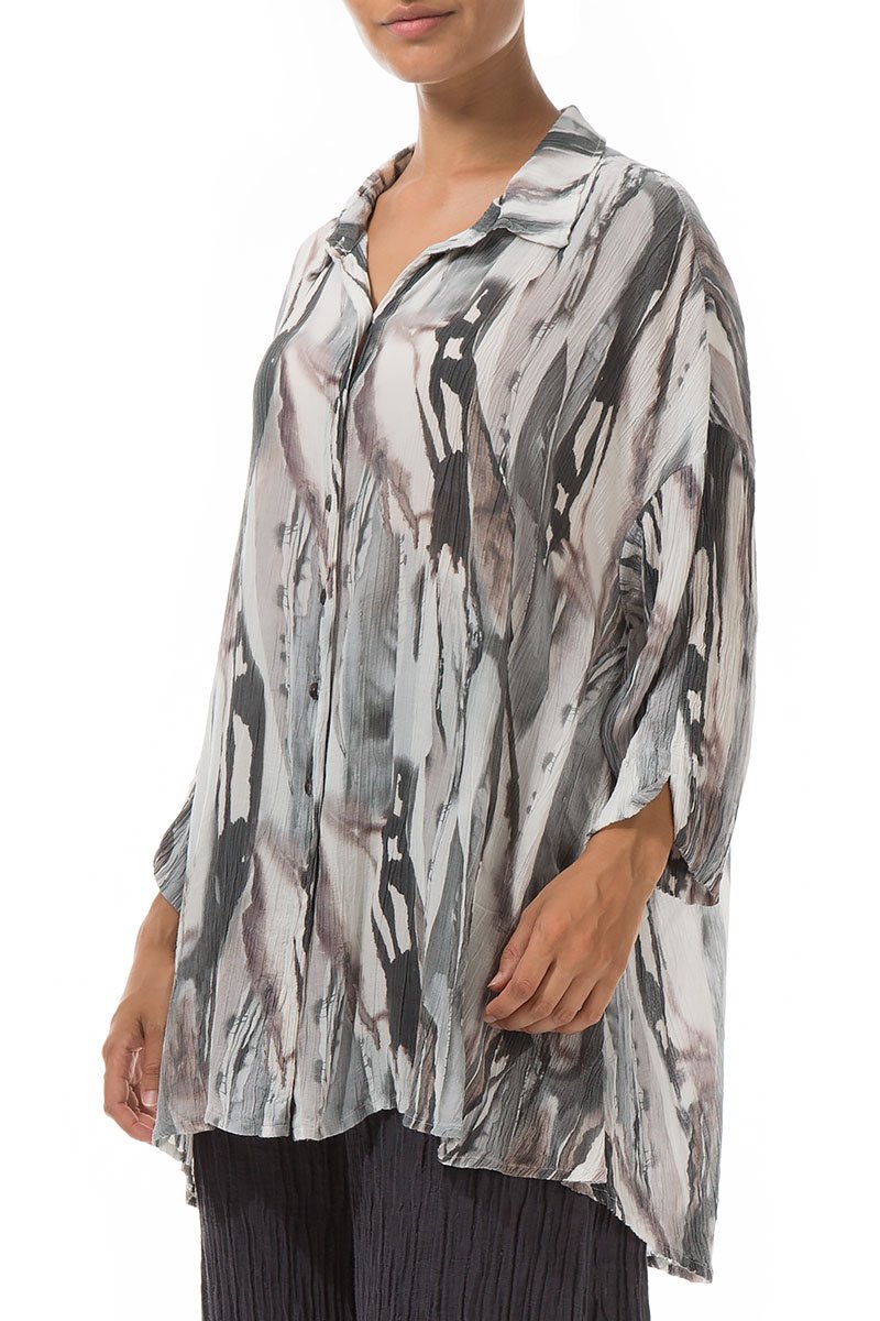 Loose Marble Crinkled Silk Viscose Shirt