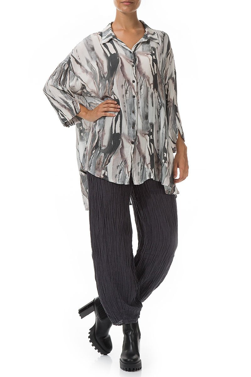 Loose Marble Crinkled Silk Viscose Shirt