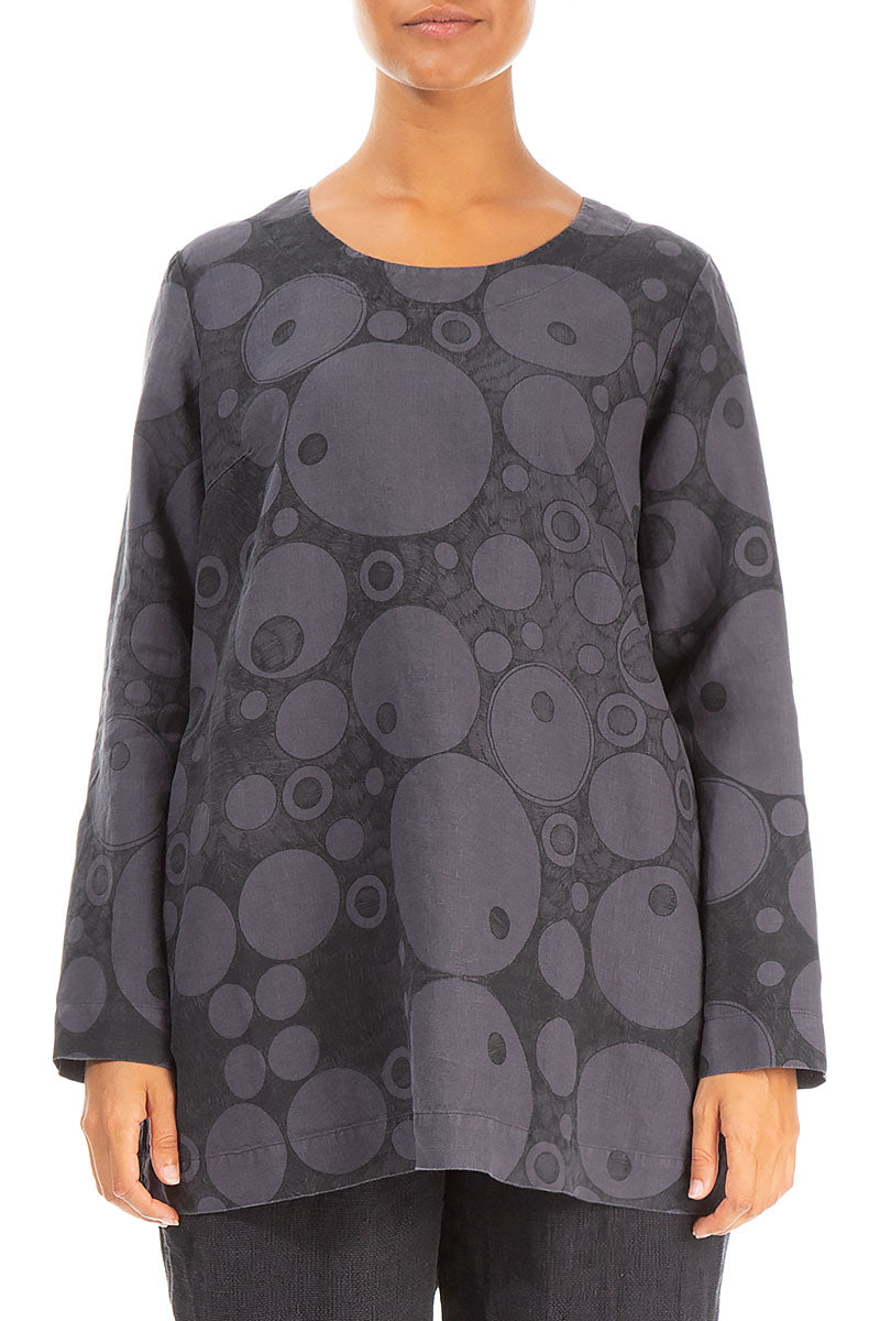 Loose Printed Grey Linen Blouse