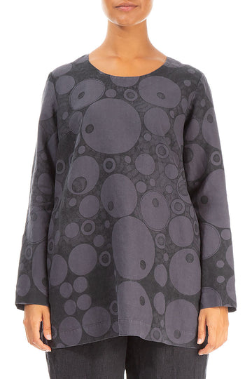 Loose Printed Grey Linen Blouse