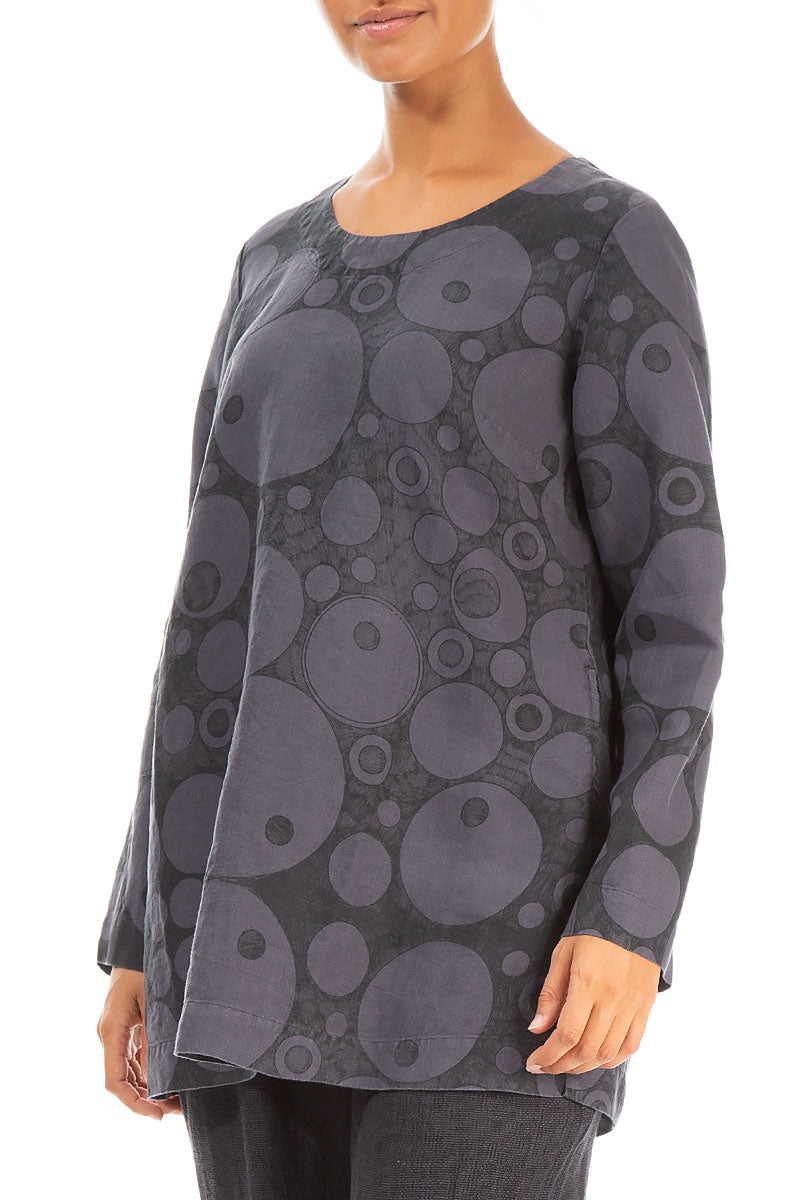 Loose Printed Grey Linen Blouse