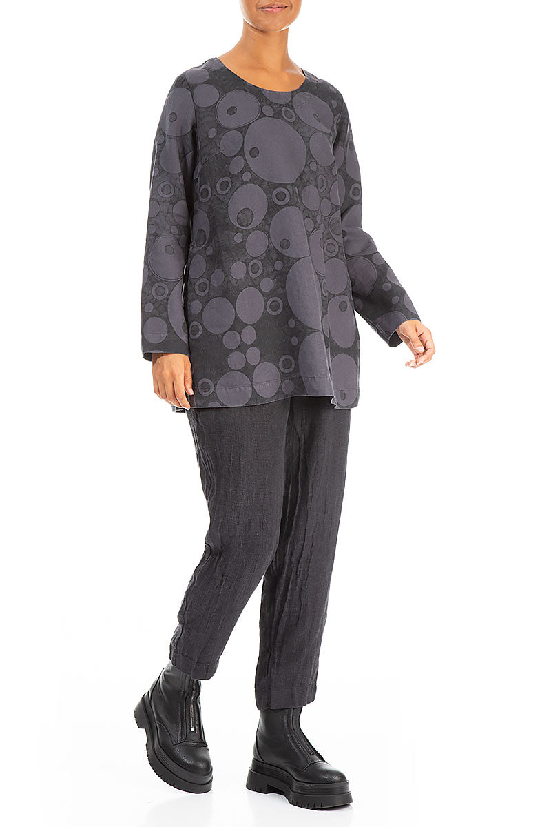 Loose Printed Grey Linen Blouse