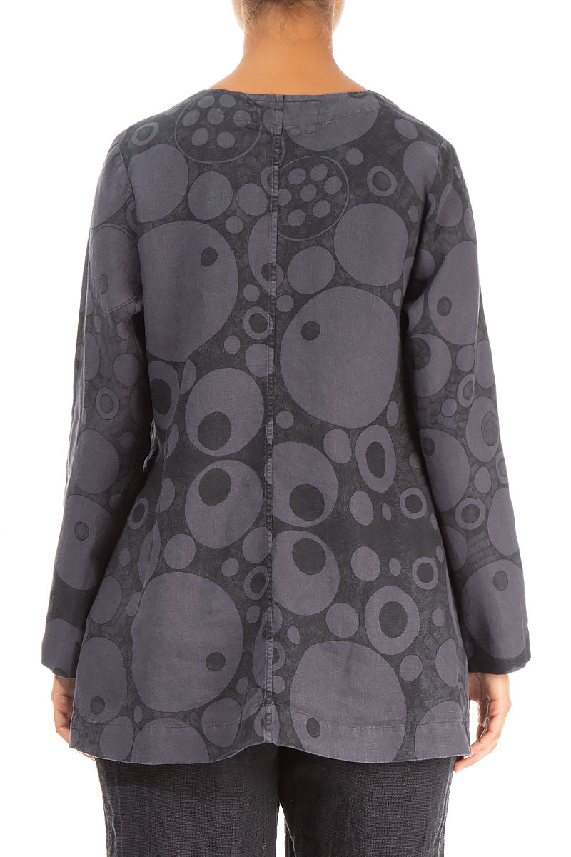 Loose Printed Grey Linen Blouse