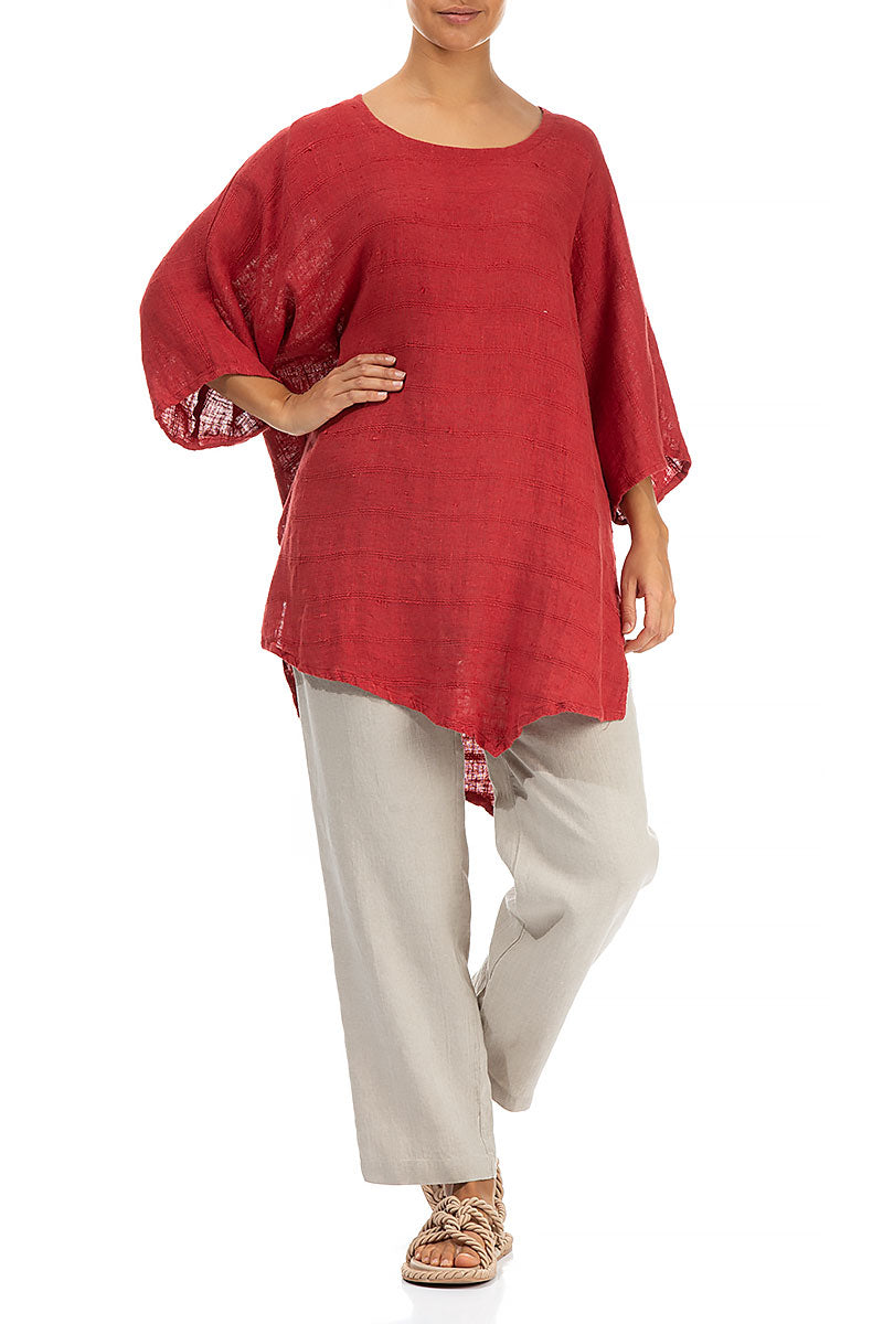 Loose Stripes Décor Red Linen Tunic