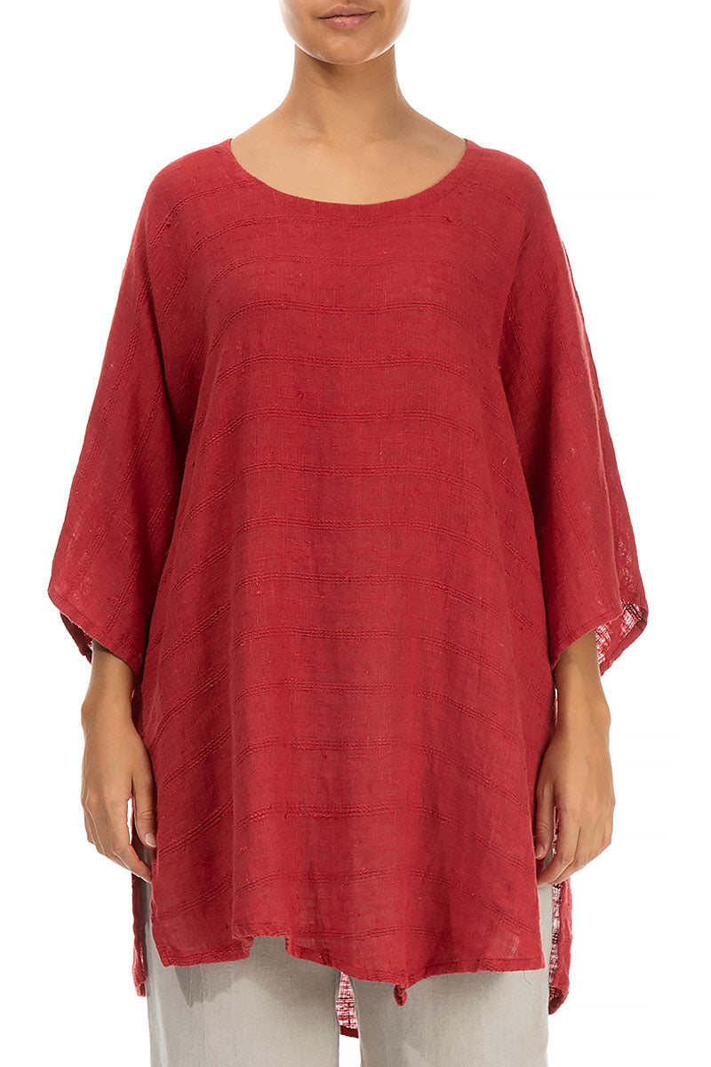 Loose Stripes Décor Red Linen Tunic
