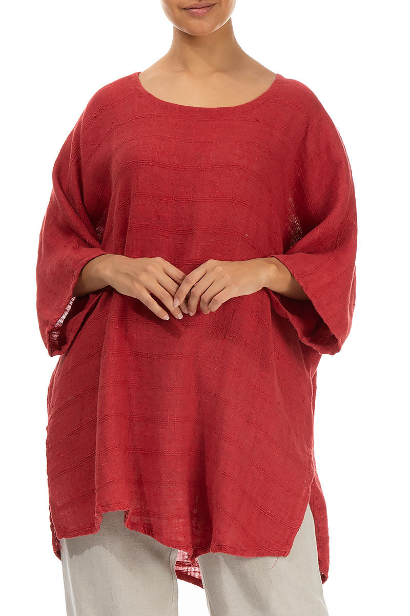 Loose Stripes Décor Red Linen Tunic