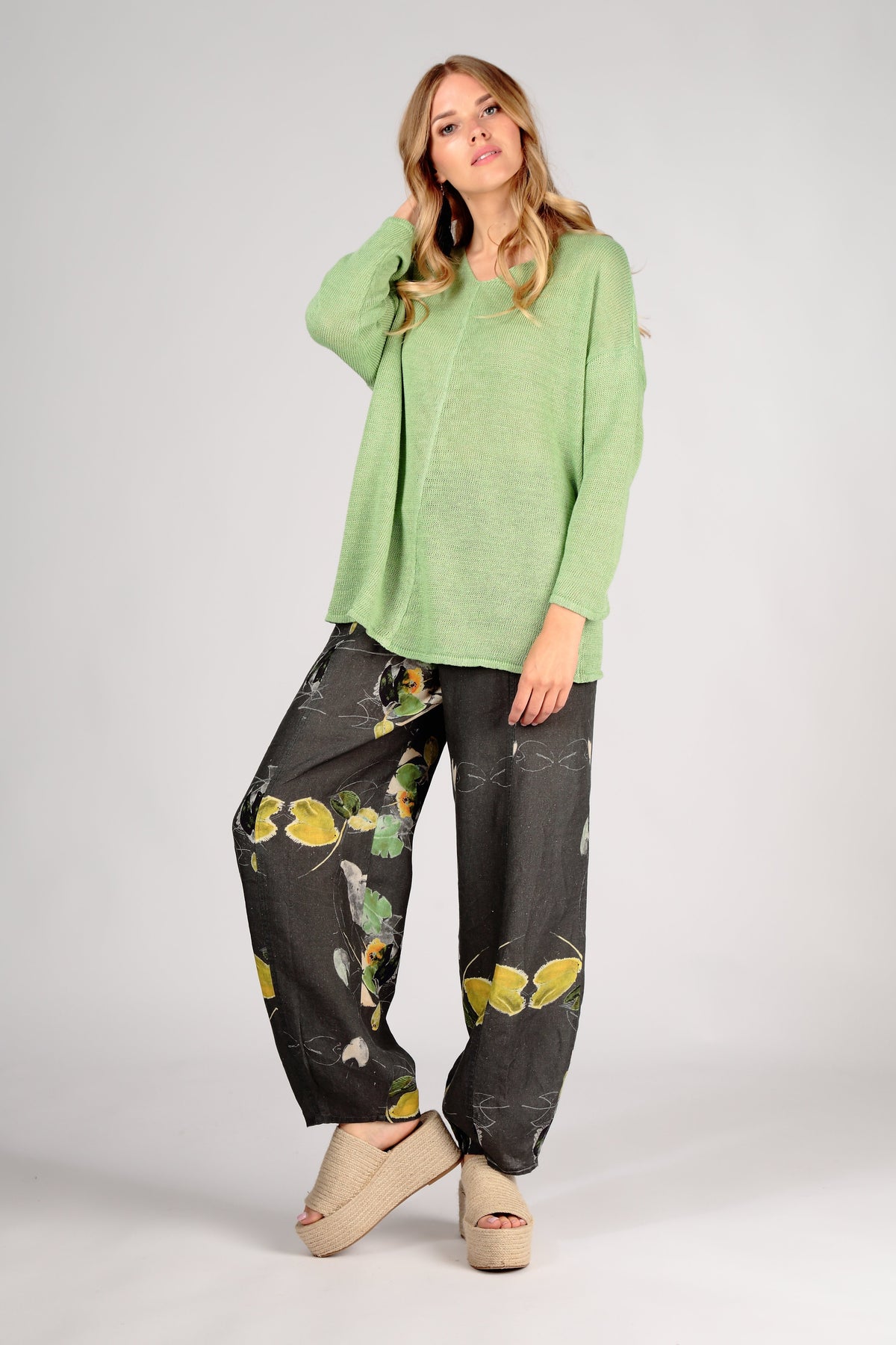 Loose Waterlilies Print Linen Trousers - GRIZAS | Natural Contemporary Womenswear