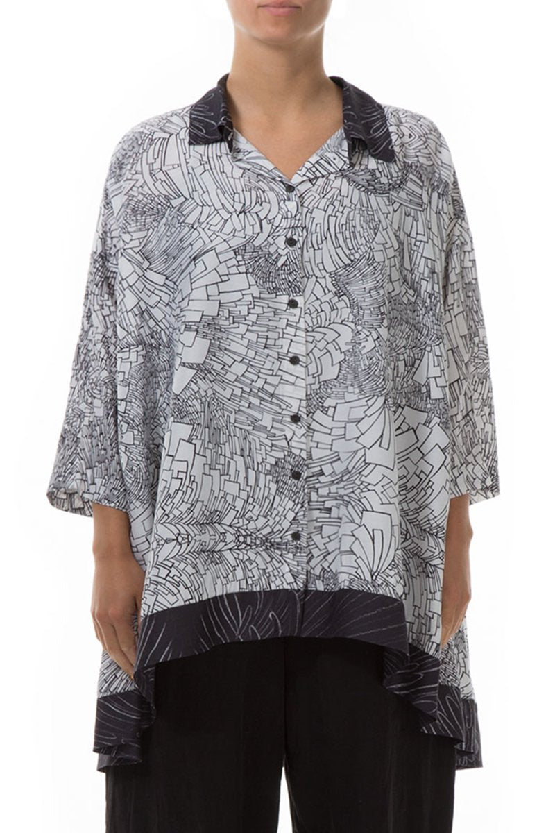 Loose White Printed Silk Bamboo Shirt