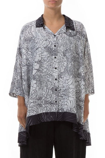 Loose White Printed Silk Bamboo Shirt