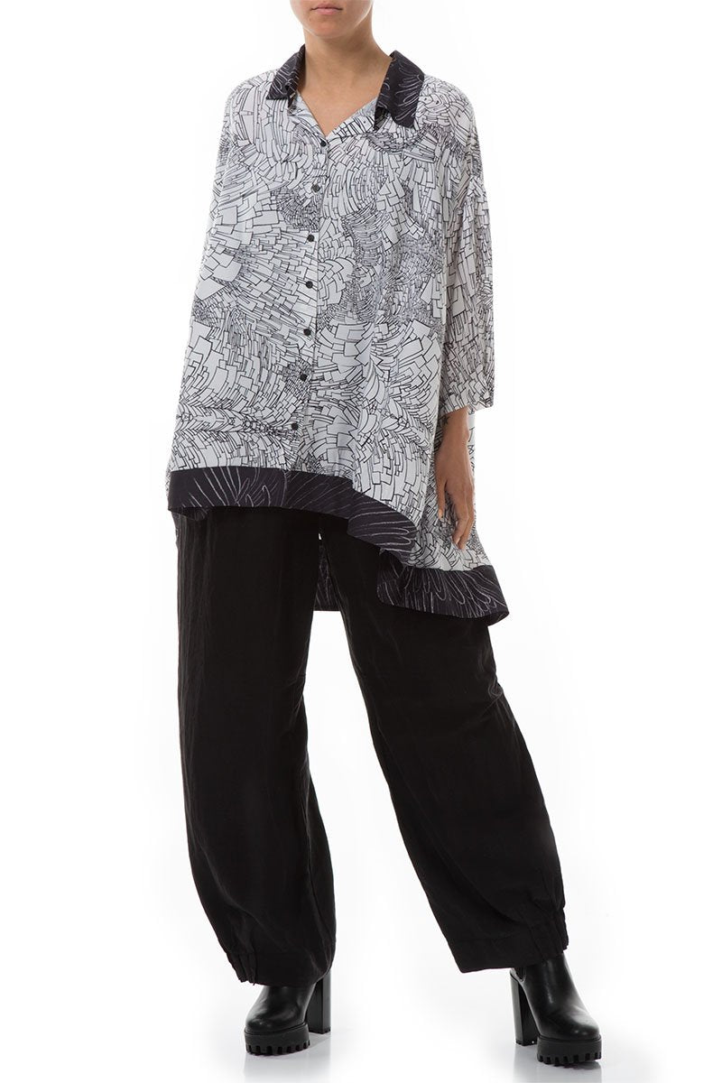 Loose White Printed Silk Bamboo Shirt