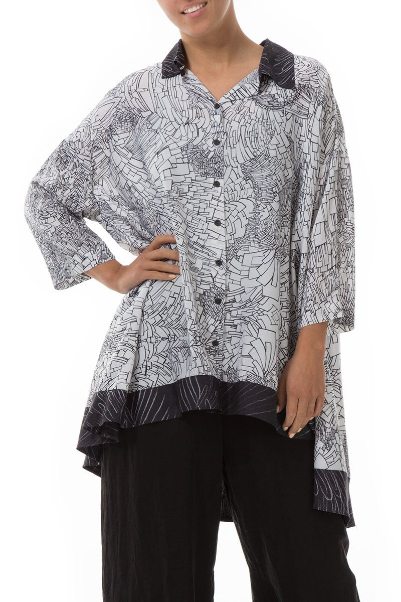 Loose White Printed Silk Bamboo Shirt