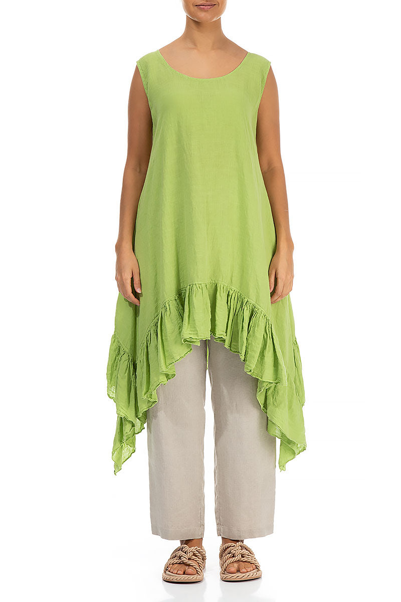 Ruffled Hem Sleeveless Lime Linen Tunic - Dress
