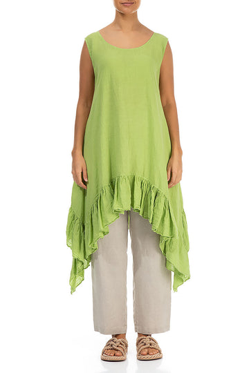Ruffled Hem Sleeveless Lime Linen Tunic - Dress