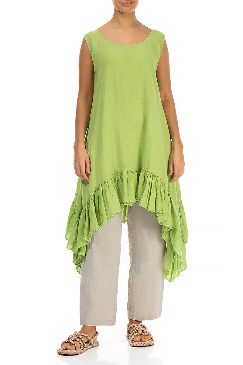 Ruffled Hem Sleeveless Lime Linen Tunic - Dress