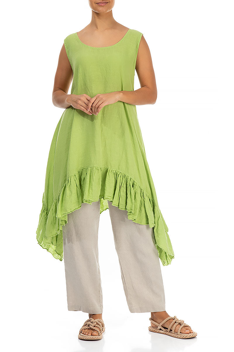 Ruffled Hem Sleeveless Lime Linen Tunic - Dress